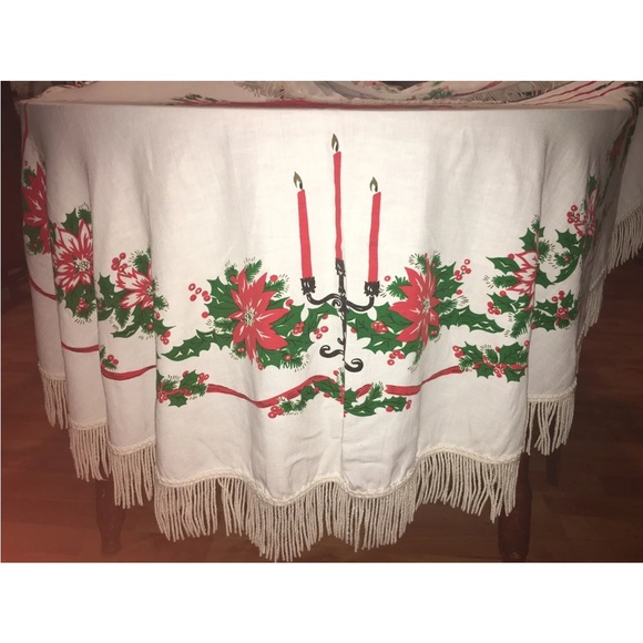 Vintage Christmas Tablecloth Cotton Fringed 55” Round Poinsettias Candelabras - Picture 6 of 8